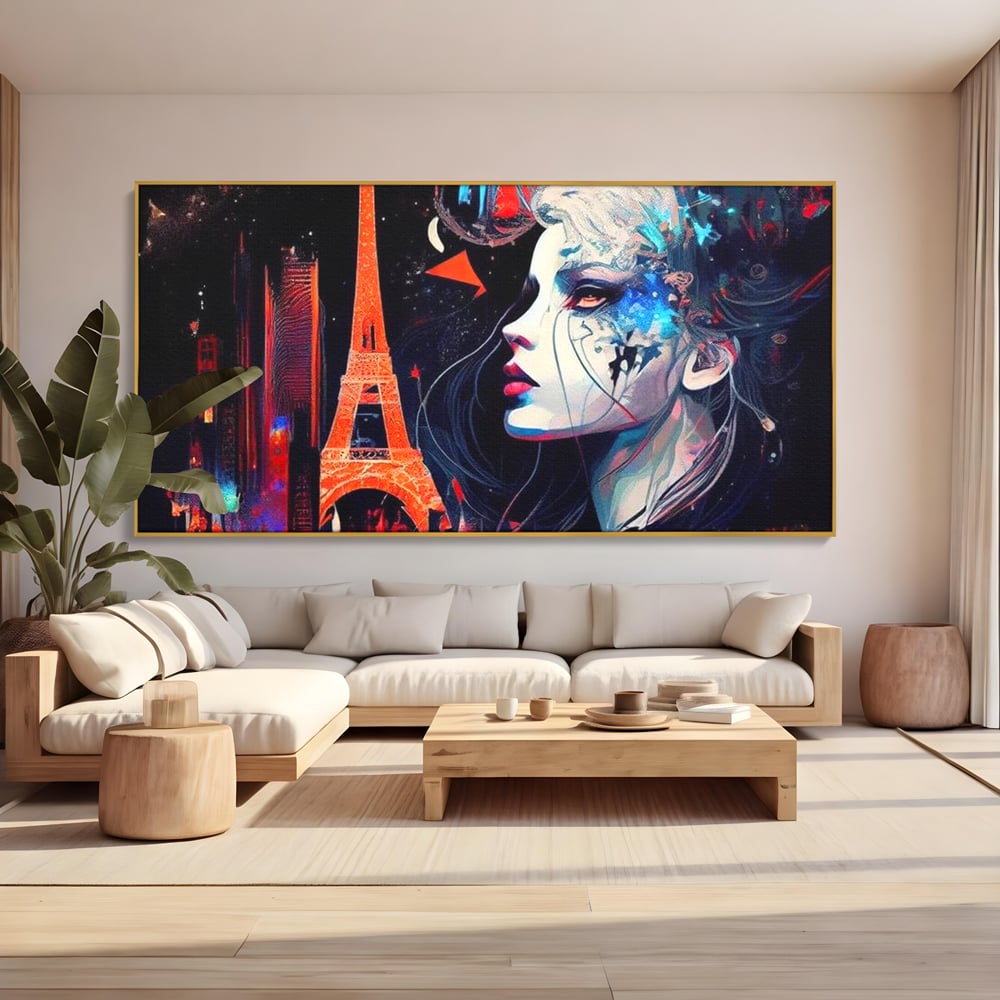 Tablou canvas cu tablou canvas cu femeie si turnul eiffel, in rama de aluminiu auriu, pe perete intr-un living